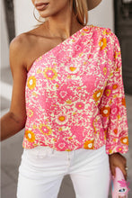 Load image into Gallery viewer, Pink Floral One Shoulder Pleated Bubble Sleeve Blouse
