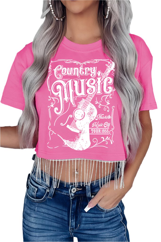 Pink Country Music Graphic Print Rhinestone Fringed Crop Top