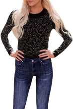 Load image into Gallery viewer, Black Rhinestone Crew Neck Long Sleeve Bodysuit
