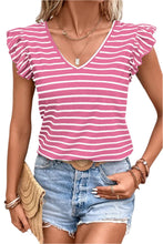 Load image into Gallery viewer, Pink Stripe Butterfly Sleeve V Neck Hollowed Knot Back T Shirt
