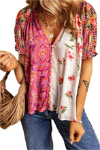 Load image into Gallery viewer, Multicolour Boho Floral Patchwork Buttoned Short Sleeve Blouse
