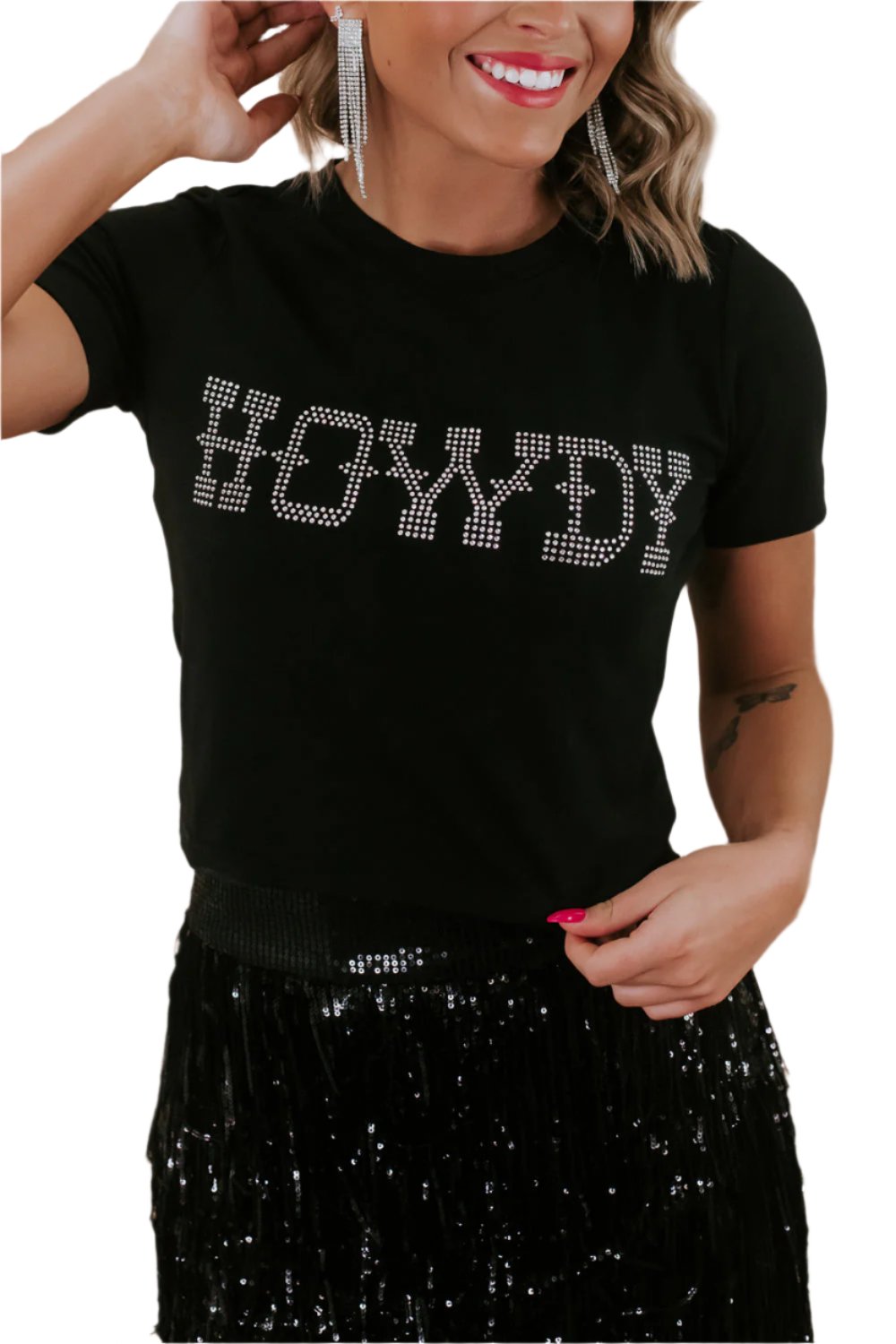 Black HOWDY Rhinestone Slim Fit Crew Neck T Shirt