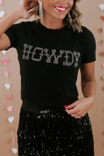 Load image into Gallery viewer, Black HOWDY Rhinestone Slim Fit Crew Neck T Shirt
