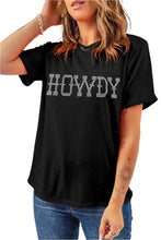 Load image into Gallery viewer, Black HOWDY Rhinestone Slim Fit Crew Neck T Shirt
