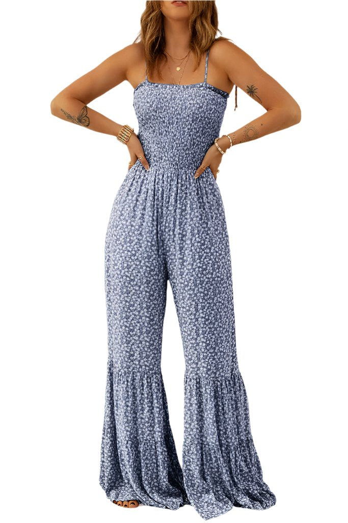 Blue Thin Straps Smocked Bodice Wide Leg Floral Jumpsuit