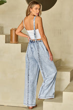 Load image into Gallery viewer, Blue Light Wash Frayed Exposed Seam Wide Leg Denim Overall
