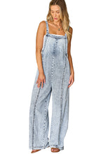 Load image into Gallery viewer, Blue Light Wash Frayed Exposed Seam Wide Leg Denim Overall
