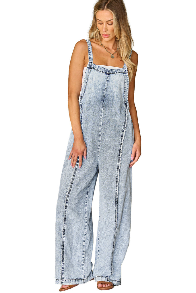 Blue Light Wash Frayed Exposed Seam Wide Leg Denim Overall